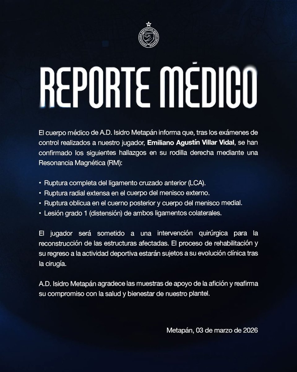 El URU Emiliano Agustín Villar Vidal de <a href="/ADIMetapanSV/">A.D. Isidro Metapán</a> se perderá lo que resta del torneo clausura de LMF