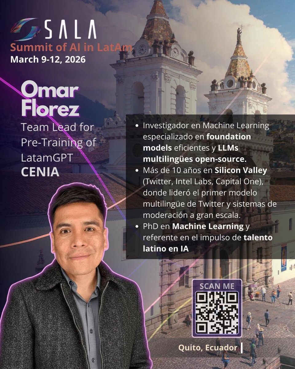 OmarUFlorez's tweet photo. Honored to give a talk at the Summit of AI in Latin America (@la_sala_ai) on efficient pre-training of open-source LLMs.  

I will also highlight #LatamGPT, the first large-scale foundation model trained in Latin America (70B parameters, 300B tokens, ~126 million PFLOPs of training compute), and share practical insights on: 
 
- Large-scale distributed pre-training (FSDP full-shard, tensor parallelism, pipeline parallelism, ZeRO-3) 
- Compute-efficient pre-training strategies under constrained budgets 
- Data curation across 20+ Latin American countries - Multilingual and dialect-aware representation learning 
- Continued pre-training vs full pre-training trade-offs 
- Regional benchmark design beyond global leaderboards  

Foundation models are not defined only by scaling laws. They are shaped by representation, data, and long-term autonomy.  

Happy to share the stage with inspiring researchers and builders who are pushing AI forward such as Thamar Solorio (@thamar_solorio), Samy Bengio, David Fleet (@fleet_dj), Nathan Lambert (@natolambert), Laura N Montoya, CSM (@QuickResolute), Vicente Ordónez-Román, Pablo Samuel Castro (@pcastr).
