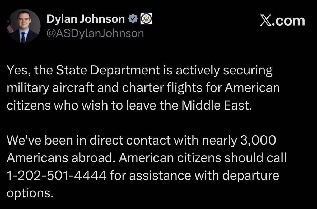 The U.S. State Department announces that it is actively working to secure military aircraft and charter flights for American citizens who wish to leave the Middle East.