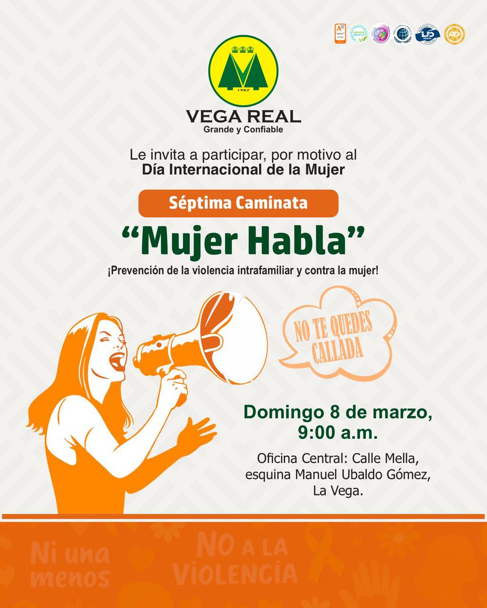 Vega Real te invita a ser parte de un mensaje poderoso y de pertenencia en la VII Caminata "Mujer Habla”, por las calles de La Vega. Cada paso fortalece la importancia de crear una sociedad más justa y segura.

🗓️ Domingo 8 de marzo.
⏰ 9:00 AM
📍 Oficina Central.