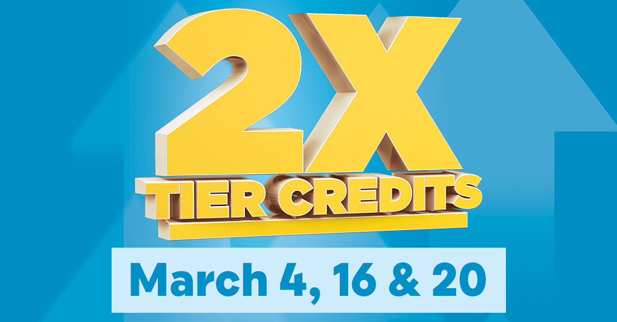 💳 2x Tier Credits! 💳 Tomorrow, earn two tier credits for every four points earned playing slots &amp; 60 tier credits for each hour of rated table play with a $10 average bet! 🎰🃏 Participate at Island View Casino or smoke-free Beach View Casino. 🌟