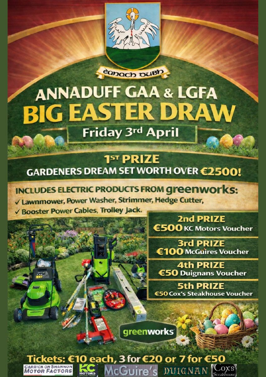 annaduffgaa's tweet photo. ANNADUFF GAA &amp; LGFA – BIG EASTER DRAW Friday, 3rd April: 1st Prize: Gardener’s Dream Set
Get all the latest news on the Annaduff GAA app https://t.co/XvzLDePUdI https://t.co/t3Uwsl2ZvZ
