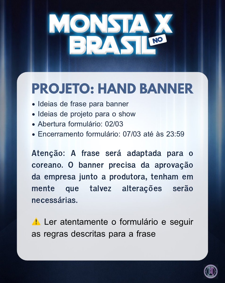 [PROJETO: HAND BANNER] 

Monbebe, a primeira parte do projeto do banner está aberta! 

Enviem suas ideias de frase para o banner no formulário a baixo ⤵️

🔗 docs.google.com/forms/d/e/1FAI…