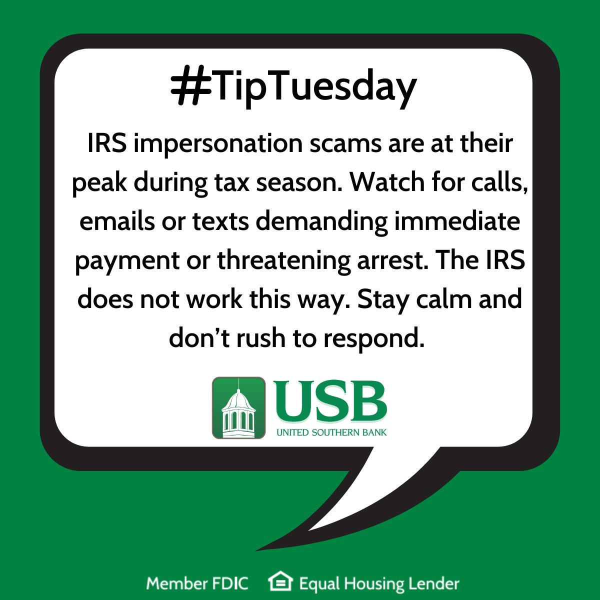 #TipTuesday: IRS impersonation scams are at their peak during tax season. Watch for calls, emails or texts demanding immediate payment or threatening arrest. The IRS does not work this way. Stay calm and don't rush to respond.