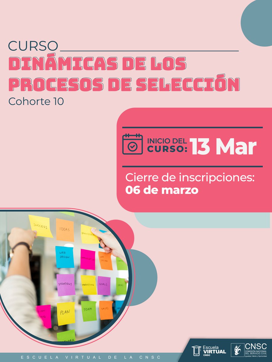 #CursosCNSC 👉🏽Inscríbete al curso gratuito virtual: "Dinámicas de los procesos de selección", abierto para la ciudadanía en general. 
 📌 Inicio: 13 de marzo de 2026
🗓️Duración: 3 semanas
👩🏻‍💻 Fecha de inscripciones: 03 al 06 de marzo de 2026  gestion.cnsc.gov.co/encuestas/inde…