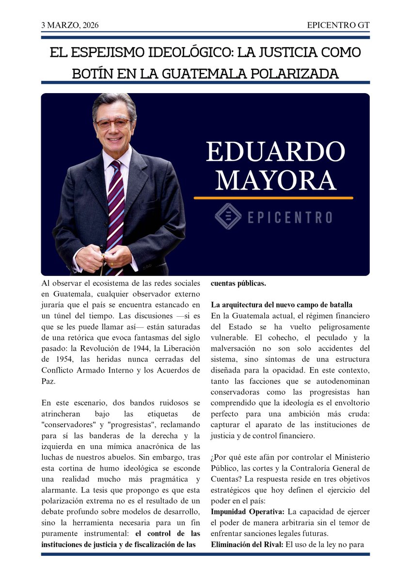 EpicentroGuate's tweet photo. #OpiniónEpicentro @Vientomares: Guatemala no necesita más guerreros ideológicos; necesita arquitectos institucionales dispuestos a construir un árbitro que no se manipule por el más hábil “operador político”. https://t.co/jzyo6bBkA5