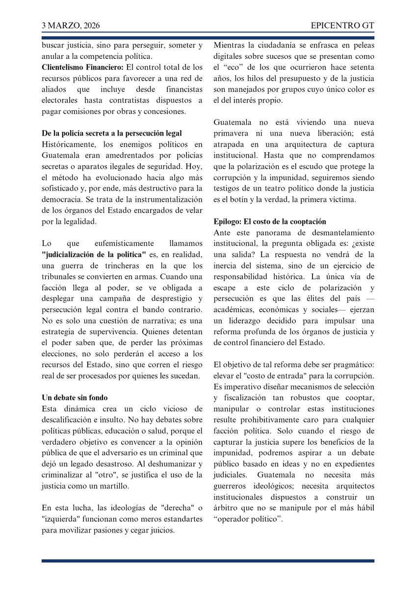 EpicentroGuate's tweet photo. #OpiniónEpicentro @Vientomares: Guatemala no necesita más guerreros ideológicos; necesita arquitectos institucionales dispuestos a construir un árbitro que no se manipule por el más hábil “operador político”. https://t.co/jzyo6bBkA5