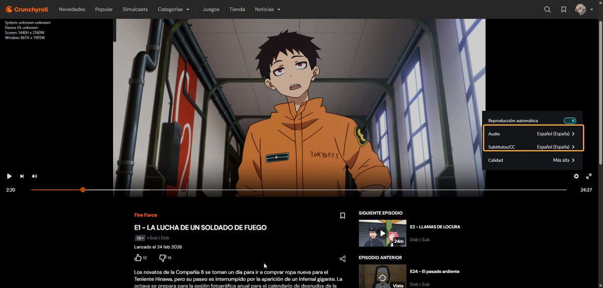 Buenas tardes <a href="/crunchyroll_es/">Crunchyroll.es ✨</a> , estoy intentando ver fire force la segunda temporada con audio Español(España). Y tanto la pista de audio como los subtítulos están de en Español(América Latina) 😅