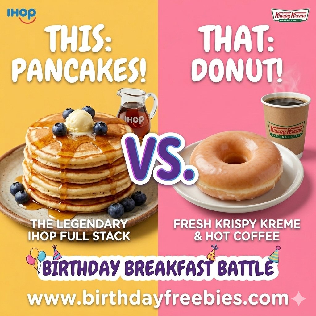 BirthdayFreebie's tweet photo. The Birthday Breakfast Showdown! 

You have time for ONE stop before work on your Birthday. Which one will it be?

🥞 Team Pancakes (The classic IHOP stack)
🍩 Team Donuts (Krispy Kreme &amp; Coffee)

Cast your vote below!

#ThisOrThat #BirthdayBreakfast #FoodDebate #BirthdayFreebies https://t.co/hb7CV7vQCg