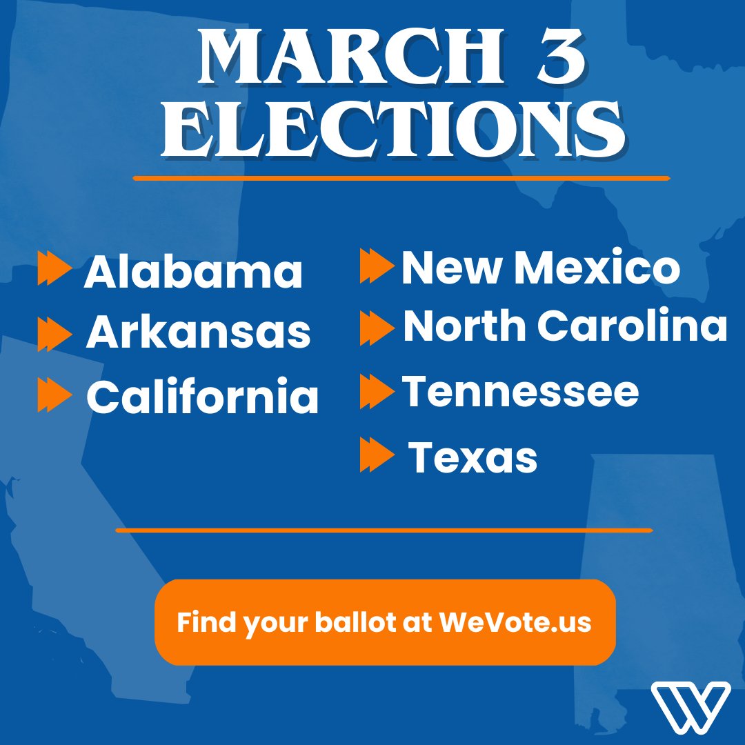 WeVote's tweet photo. A new month means new elections! 

Did you know elections don't just happen in November? Primaries and local elections happen ALL year long, and today, 7 states are voting!

Voters in Alabama, Arkansas, California, New Mexico, North Carolina, Tennessee, and Texas are heading to the polls to vote on things like:
🏛️ Federal & state candidates
🏙️ Local races & city leadership
📋 County measures that affect your everyday life

There's still time to make your voice heard! Here's your checklist:
✅ Check your registration
✅ Find your polling place
✅ Grab a friend and go vote together

Find everything you need to know about your ballot at https://t.co/9ZUOtrFCTf 

#VoteToday #ElectionDay #Election2026 #CivicEngagement #WeVote