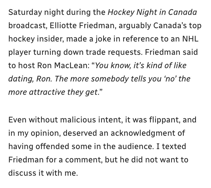Imagine being offended by this comment by Elliotte Friedman

CBC does a great job covering the Olympics but has some of the worst “sports media” journalists in Canada