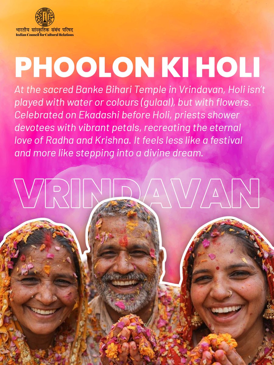 iccr_hq's tweet photo. Presenting many colours of Holi Across India! 
 
India doesn’t just celebrate Holi; it lives it in a thousand different ways! From the petal showers of Vrindavan to the martial arts of Anandpur Sahib, every region has a secret to share.
ICCR wishes everyone vibrant and safe Holi.

Comment your local holi tradition that we missed.