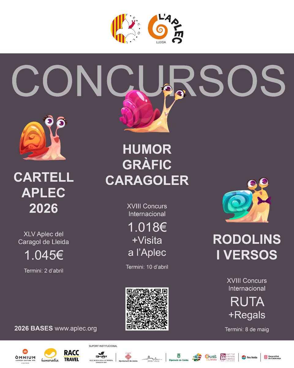AplecCaragol's tweet photo. 📣 #ARTISTES I LLETRATS La Fecoll convoca els #concursos del #cartell de l’Aplec, #humor gràfic i #rodolins 2026!

🐌 Bases https://t.co/f0SFH1KLOH https://t.co/N4HpZdCGkR