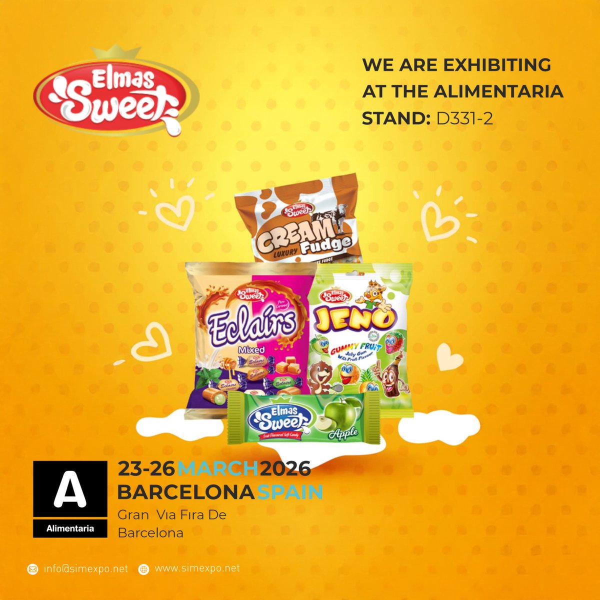 23-26 Mart 2026 tarihleri arasında İspanya'nın Barselona kentinde düzenlenecek olan Alimentaria &amp; Hostelco Fuarı'nda, ELMAS SWEET , 2026 yılı için  yerini almıştır. #alimentariabarcelona2026 #elmassweet