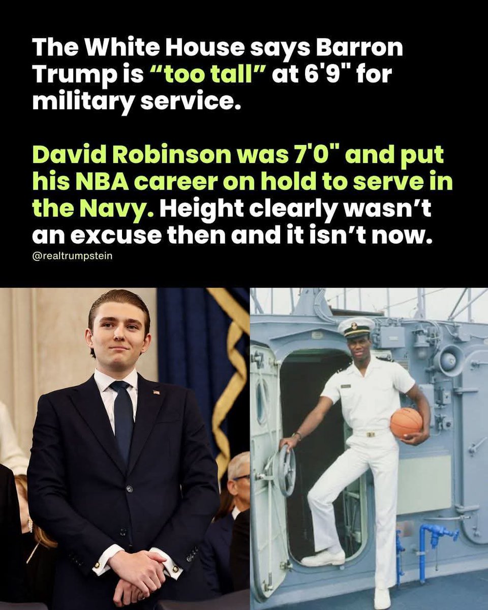 He’s technically too tall to be a fighter/chopper pilot or serve on a submarine but he can certainly serve in other capacities in the military.  I guess height is the new “Bone Spur”
#IranWar 
#BarronTrump
#DonaldTrump