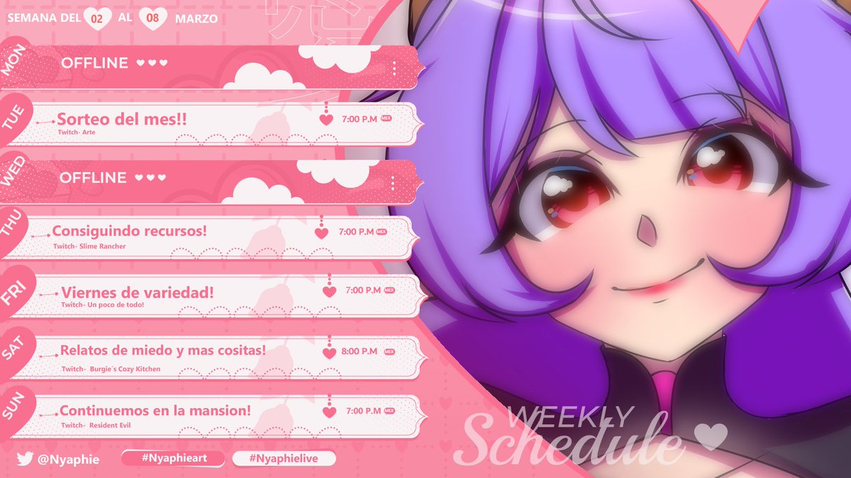 Nyaphie's tweet photo. ⋅˚₊‧ Horario semanal  ‧₊˚ ⋅  

 Iniciamos la semana con el sorteíto del mes! para subs y para vips!

Además agregamos una nueva dinámica al stream para charlar.

#Nyaphielive #VtuberE https://t.co/zAqG6JzzuU