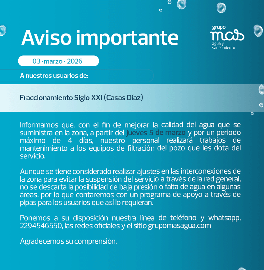 GrupoMASAgua's tweet photo. Aviso importante a nuestros usuarios de:
Fraccionamiento Siglo XXI (Casas Díaz) 💧
#GrupoMAS https://t.co/61d1QwN50o