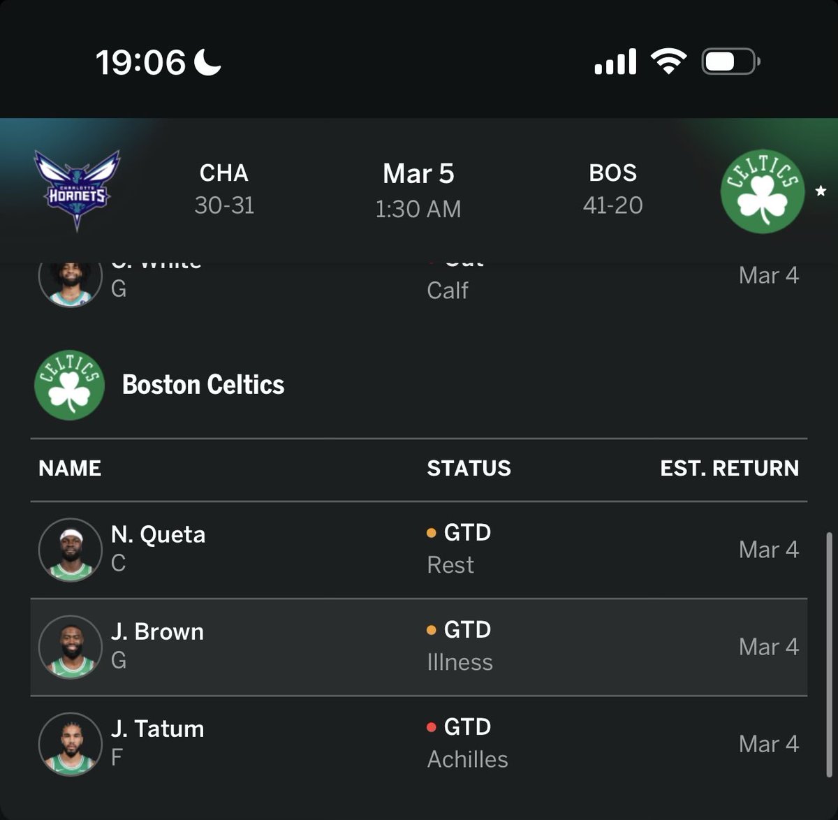 Y’a du nouveau sur le statut de Jayson Tatum pour le match contre les Hornets 👀

C’est la première fois qu’il est mis en Game time decision. 

PRÉPAREZ VOUS, L’ATTENTE EST BIENTÔT FINIE ‼️‼️