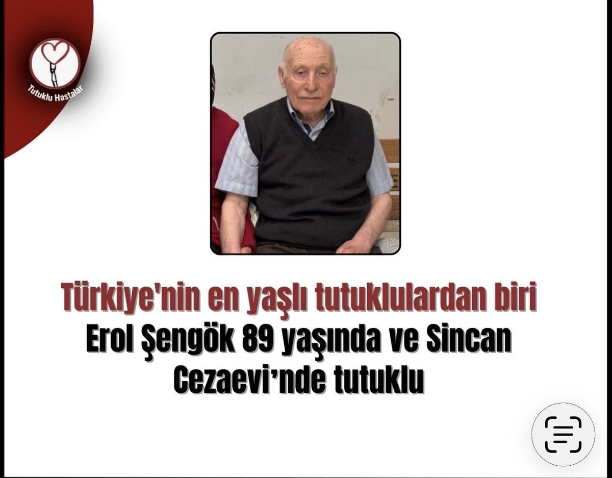 89 yaşında, ağır hastalıkları olan Erol Şengök cezaevinde:
“İyilik yaptım, bunun bedelini ödüyorum.”
Yaşlı ve hasta mahpuslar için adalet ve vicdan birlikte düşünülmeli.
Bu yük herkes için ağır...

YaşlıHastalara Tahliye