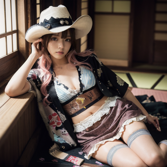 aigirl4649's tweet photo. 我々の知っている日本とは別の歴史を歩んだ日本。どこで道が分かてしまったのか。ちょっぴり和風���ウエスタン 。 #和風ウエスタン #ウエスタンハット #AI少女 #cowboyhat #cowgirl #SFW https://t.co/pZSA7msBUA