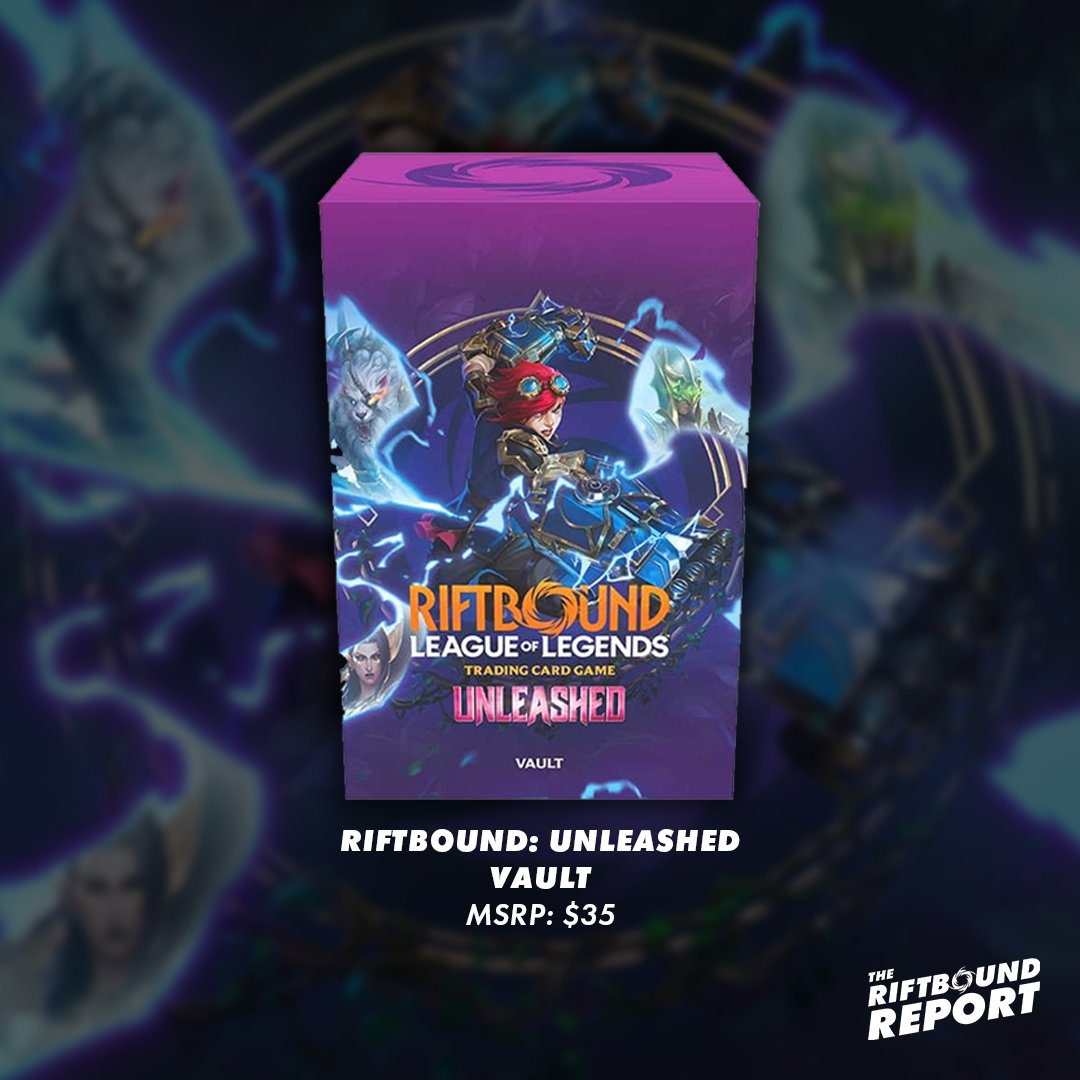 RiftboundReport's tweet photo. In exactly 2 months, on May 8, 2026, Riftbound Unleashed will launch to English audiences! 🇺🇸 

Some local game stores have already started taking preorders. Contact your local game stores if you are interested in buying product for set 3 and see if they have started taking orders.

Riftbound Unleashed will launch with 4 different products, with one product making its debut appearance.

�� Riftbound Unleashed Booster Display Box:
- On average, 2 or more alt arts per box.
- 24 booster packs per box.

🆕 Riftbound Unleashed Vault:
- 6 Riftbound Unleashed Booster Packs
- 36 Basic Runes (6 of each Domain)
- 3 Double-Sided Full-Art Tokens
- 2 Punch-out Art Dividers

⚔ Vex / Vi Champion Deck:
- 1 Preconstructed Deck for Legend.
- 1 Paper Playmat
- 1 Riftbound: Unleashed Booster Pack
- 1 Paper Deckbox
- Rule & Deck-Building Booklet

#RBUnleashed #Riftbound
