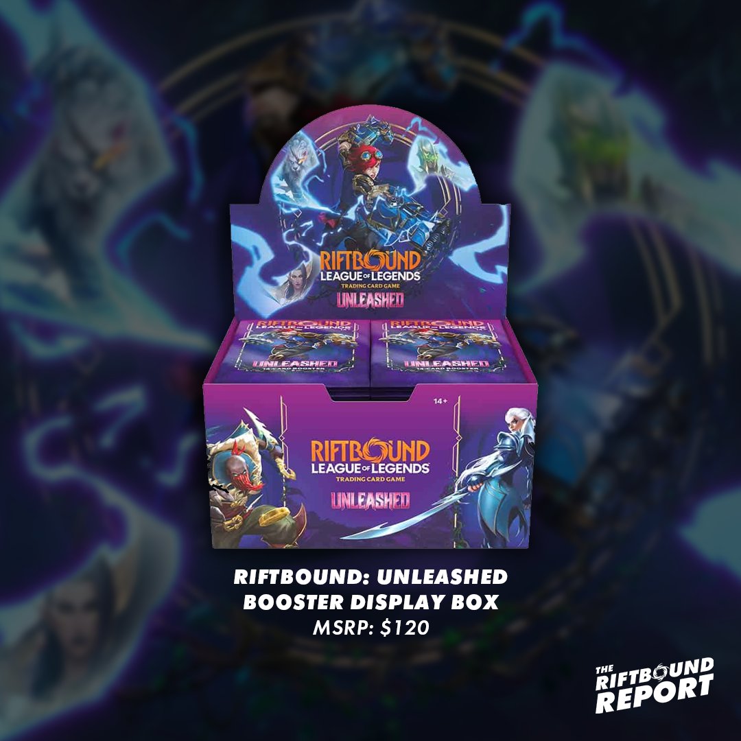RiftboundReport's tweet photo. In exactly 2 months, on May 8, 2026, Riftbound Unleashed will launch to English audiences! 🇺🇸 

Some local game stores have already started taking preorders. Contact your local game stores if you are interested in buying product for set 3 and see if they have started taking orders.

Riftbound Unleashed will launch with 4 different products, with one product making its debut appearance.

�� Riftbound Unleashed Booster Display Box:
- On average, 2 or more alt arts per box.
- 24 booster packs per box.

🆕 Riftbound Unleashed Vault:
- 6 Riftbound Unleashed Booster Packs
- 36 Basic Runes (6 of each Domain)
- 3 Double-Sided Full-Art Tokens
- 2 Punch-out Art Dividers

⚔ Vex / Vi Champion Deck:
- 1 Preconstructed Deck for Legend.
- 1 Paper Playmat
- 1 Riftbound: Unleashed Booster Pack
- 1 Paper Deckbox
- Rule & Deck-Building Booklet

#RBUnleashed #Riftbound