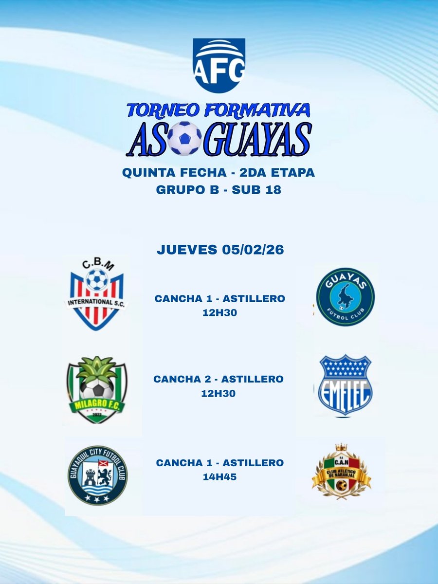 AsoGuayas's tweet image. Continuamos
Torneo AsoGuayas #Sub18
Desde las canchas de @AstilleroFC 
Entrada y estacionamiento por la puerta del estadio
Alejandro Ponce Noboa
Que el #fairplay sea dentro y fuera de la cancha y q esa sea la razón para que nos acojan en otra oportunidad #AFC.