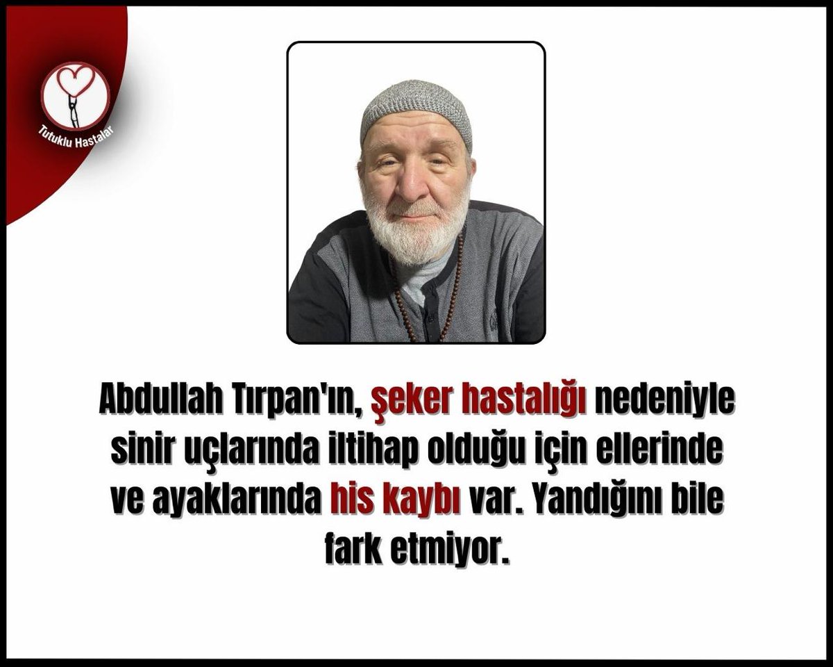 frau672's tweet photo. Abdullah Tırpan'ın  ağır  şeker hastalığı nedeniyle ellerinde ve ayaklarında his kaybı var.  Acil tahliye edilmeli.

YaşlıHastalara Tahliye

#AbiDizisi #ALNvGS https://t.co/pNJXC7il71
