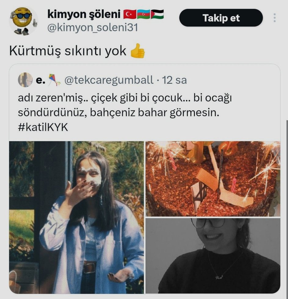 sırf Kürt diye bir kız kyk yurdunda asansör kazasında can vermişti bi ton türkçü profil "asansör edit" paylaşımı yaparak kızın ölüsüyle dalga geçip binlerce fav almıştı kime ne anlatıyorsunuz olum? aylan bebek için dalga geçtiğiniz bi ton twit hala duruyor burada.