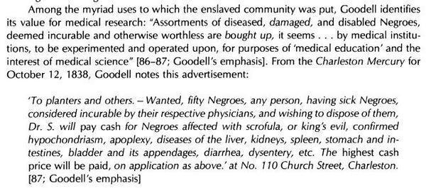Disabled slaves were sold in bundles for medical experimentation.

White America built the medical experimentation infrastructure using disabled enslaved Black people.

 "Mama's Baby, Papa's Maybe: An American Grammar Book"  by Hortense Spillers👇🏾