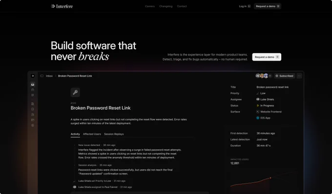버그 감지 SaaS 랜딩 — 다크 히어로와 제품 UI 클로즈업