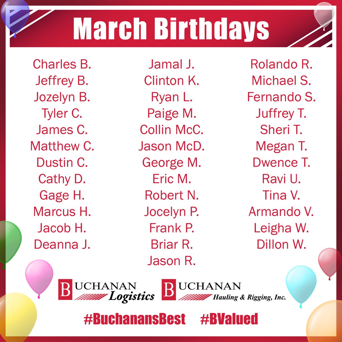 BuchananLogist's tweet image. 🎉 Happy Birthday to our amazing team members born in March! 🎂

You bring the madness (the good kind 😉), the luck of the Irish 🍀, and the first signs of spring 🌷 to our workplace all year long. Let’s hear it for our March birthdays! 🥳🎈

#HappyBirthday #TeamCelebration