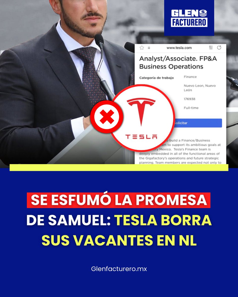Samuel vendió humo: Tesla ya retiró de su sitio oficial las más de 100 plazas que ofrecía en 2023. En el municipio de Santa Catarina no hay ni una piedra puesta, y ahora tampoco hay rastro de la gran bolsa de trabajo que nos prometieron. 🤡💸 

Más en el sitio.