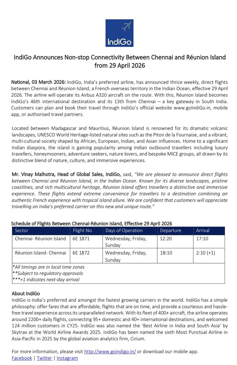 consulat_l's tweet photo. ✈️ IndiGo annonce une nouvelle liaison directe entre Chennai et La Réunion à partir du 29 avril 2026.
Trois vols par semaine (mercredi, vendredi et dimanche) relieront désormais Chennai à La Réunion, renforçant ainsi la connectivité entre l’Inde et notre île.

#IndiaReunion https://t.co/xkq07ewcft