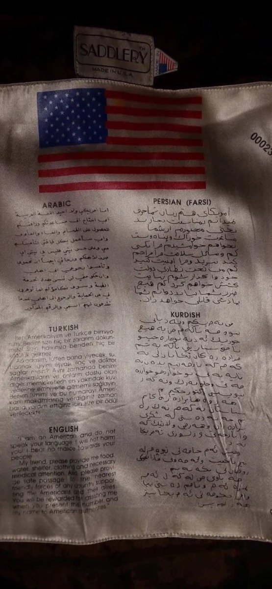 Düşürülen ABD savaş uçaklarının pilotlarının üzerindeki kıyafetlerde, birden fazla dilde yazılmış ifadelerin dikili halde bulunduğu iddia edildi;

Türkçe bölümde ise şu ifadeler yer alıyor:

“Ben Amerikalıyım ve Türkçe bilmiyorum. Benim size hiç bir zararım dokunmaz. Sizin