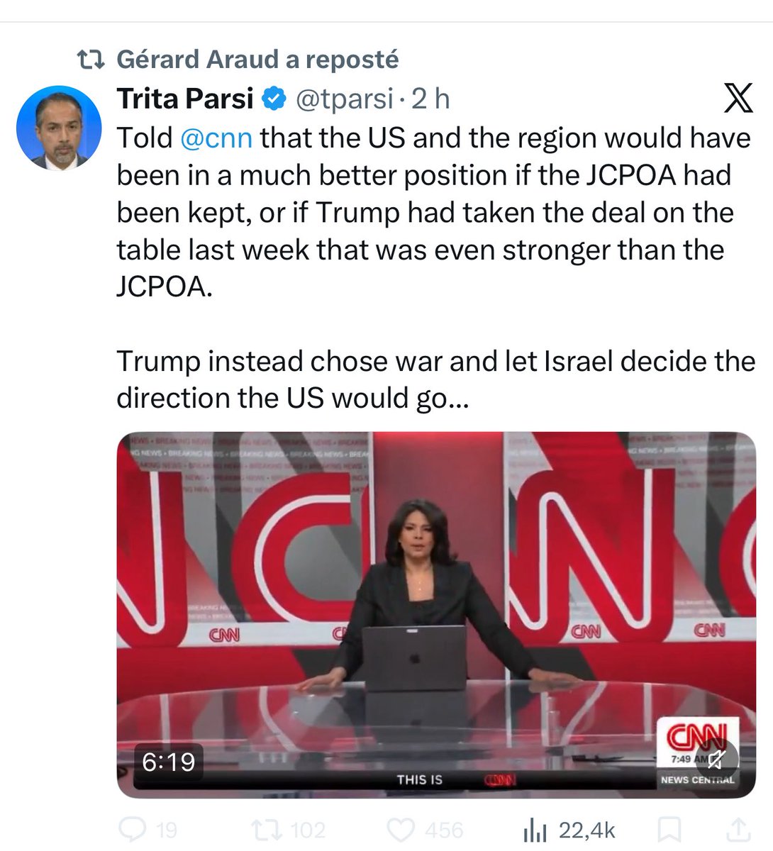 Gérard Araud qui tweete une fausse image IA se réjouissant de pseudos frappes de la république islamique sur Israël et qui partage également le post d’un des plus grands lobbyistes et propagandistes de la république islamique , Trita Parsi. 

Comment un ancien diplomate français