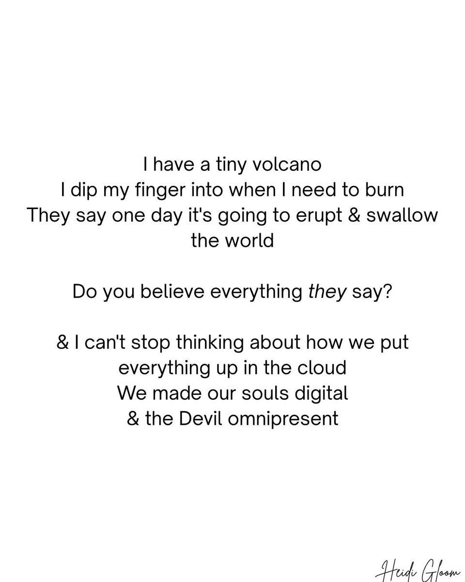 HMNolanbooks's tweet photo. I have a tiny volcano
I dip my finger into when I need to burn
They say one day it's going to erupt & swallow the world
Do you believe everything they say?
#vss36 #vsspoem #poetry #wordprompt #splendor https://t.co/E4Fya5K1dX