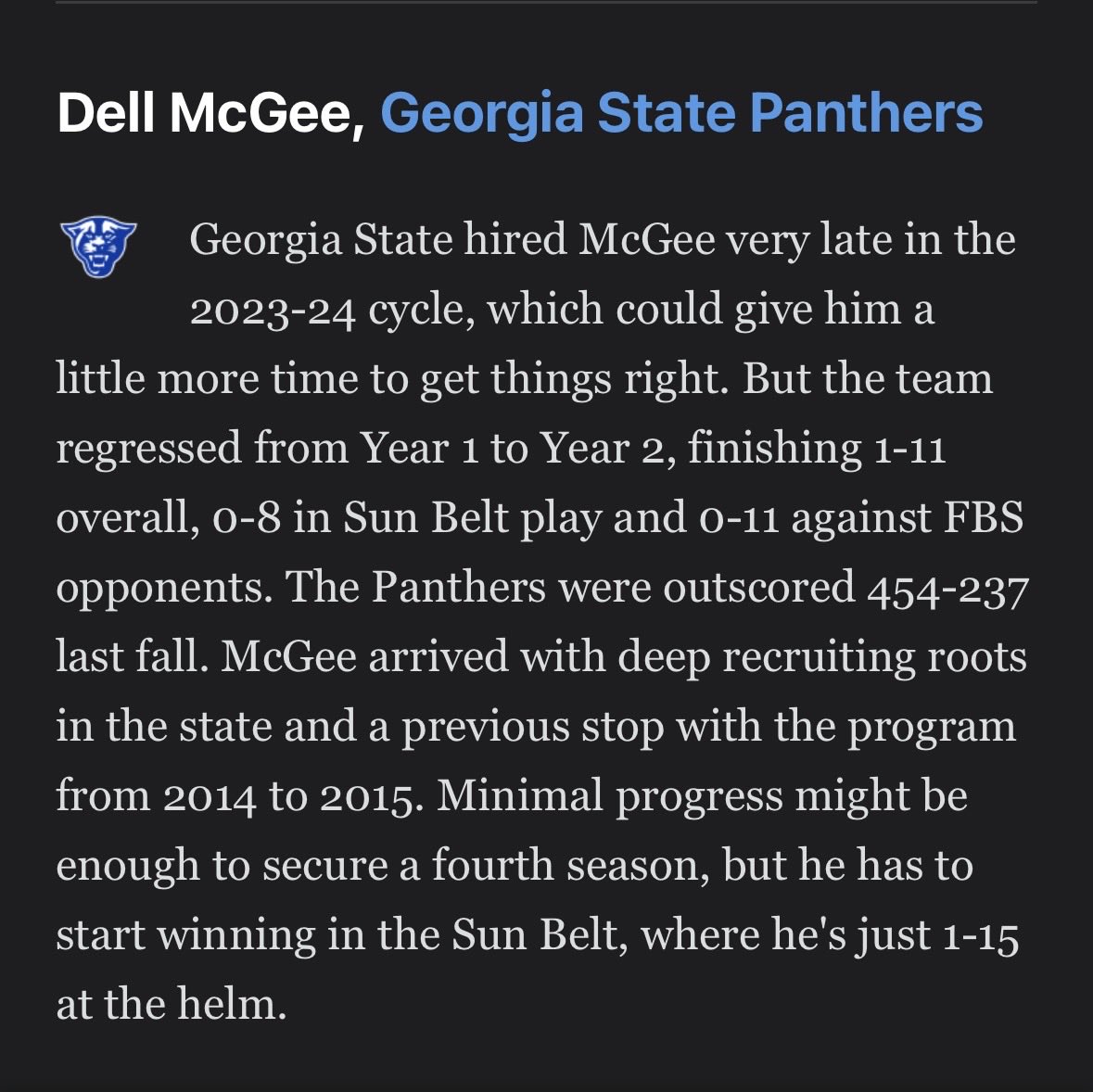 gsupanthertalk's tweet photo. @ESPNRittenberg Hey Adam - Coach Dell McGee was not at Georgia State in 2014, he was at Georgia Southern

The two are bitter rivals. Just ask @ESPNMcGee 

#StateNotSouthern https://t.co/OAdcCxUsKP