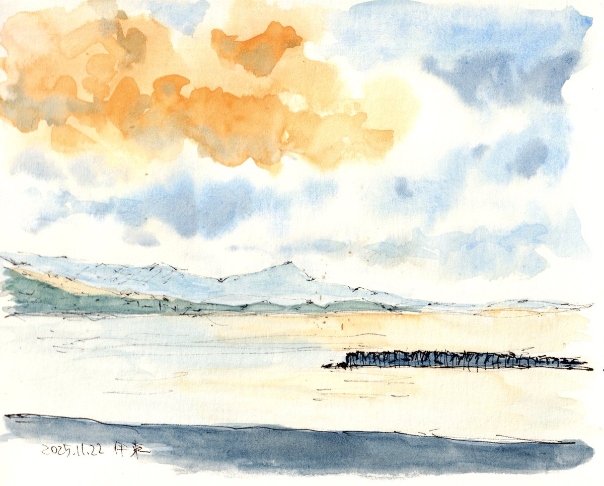 ペン水彩画伊東の風景 「伊東 海岸 夕景」 F0(180x145) 2025年11月22日