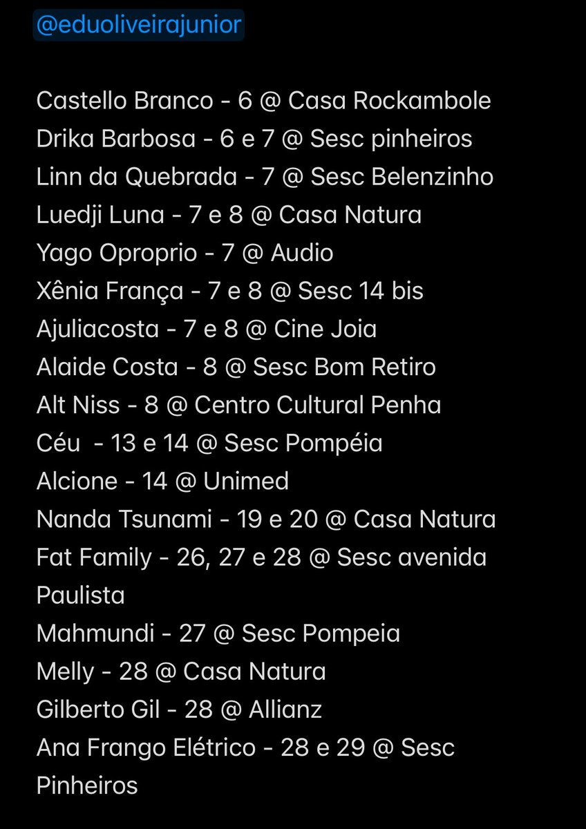 minha lista de shows em São Paulo pra março

(só coloquei os BR pq já tem lolla esse mês)