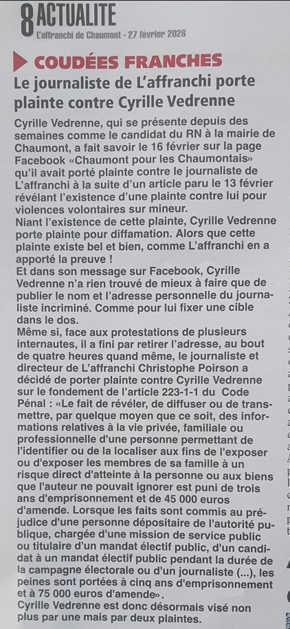 HMarnais's tweet image. Une dinguerie ! Le journaliste de @laffranchi52 porte plainte contre Cyrille Vedrenne, candidat #RN à la mairie de Chaumont, qui lui a mis une cible dans le dos en publiant sur Facebook son nom et son adresse personnelle.