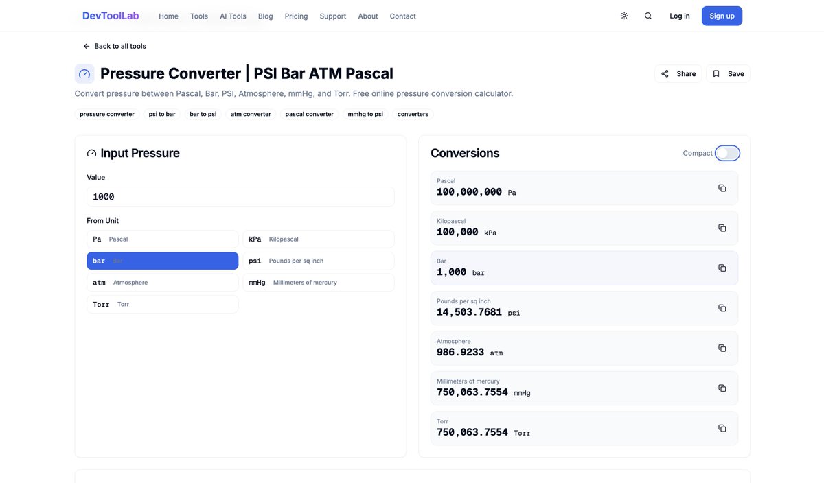 devtoollab's tweet photo. 🔧 Convert pressure units instantly no formulas needed.

Pa ⇄ psi ⇄ bar ⇄ atm ⇄ Torr in one click ⚡

Fast, accurate &amp; free for engineers, students &amp; pros.

Try it 👉 https://t.co/fNygNRH6CA

#DevToolLab #Engineering #STEM #WebTools #Productivi https://t.co/eQdDZQ5W2M
