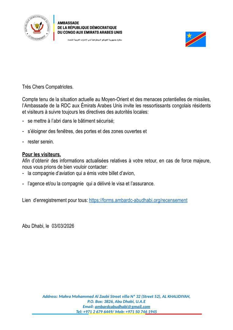 DRCinUAE's tweet photo. L’Ambassade invite les ressortissants congolais à suivre les directives des autorités locales. https://t.co/qSFoYdsSOg