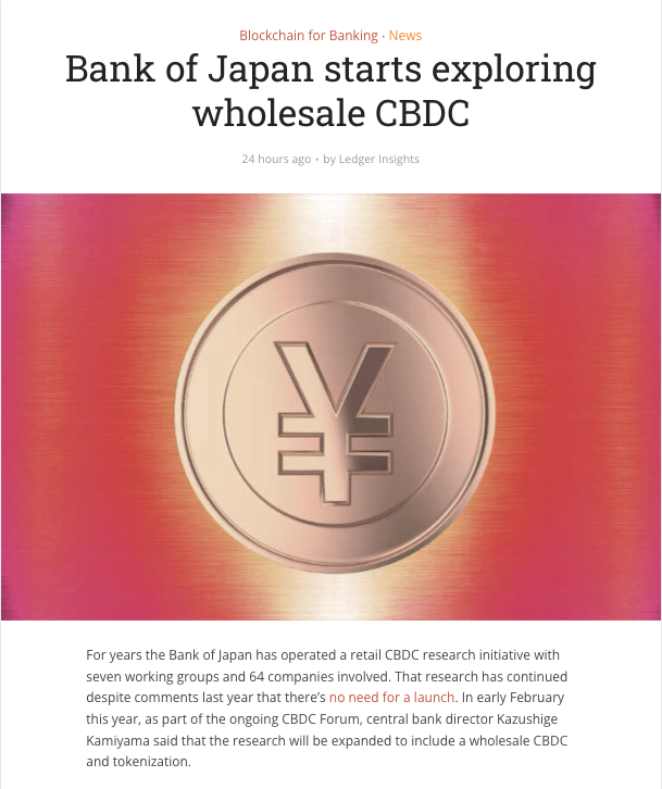 Tokenicer's tweet photo. We've seen the progress out of Japan lately

• DCJPY initiative with top Japanese banks
• Dentsu Soken using Overledger
• Multi distributed ledger system patent approved

$QNT has been at every part of Japan's innovations lately

And this most recent CBDC news appears no different.

Mind you that we've already seen the Bank of Japan adopt a CBDC architecture identical to Rosalind.

In fact, the Bank of Japan's directly referenced that their CBDC sandbox architecture was Rosalind inspired.

As we know, Quant was the literal backbone behind Project Rosalind.

And given what we're seeing out of Japan's adoption lately?

I think it's safe to presume that Overledger is somewhere within the core infrastructure making all of this possible.