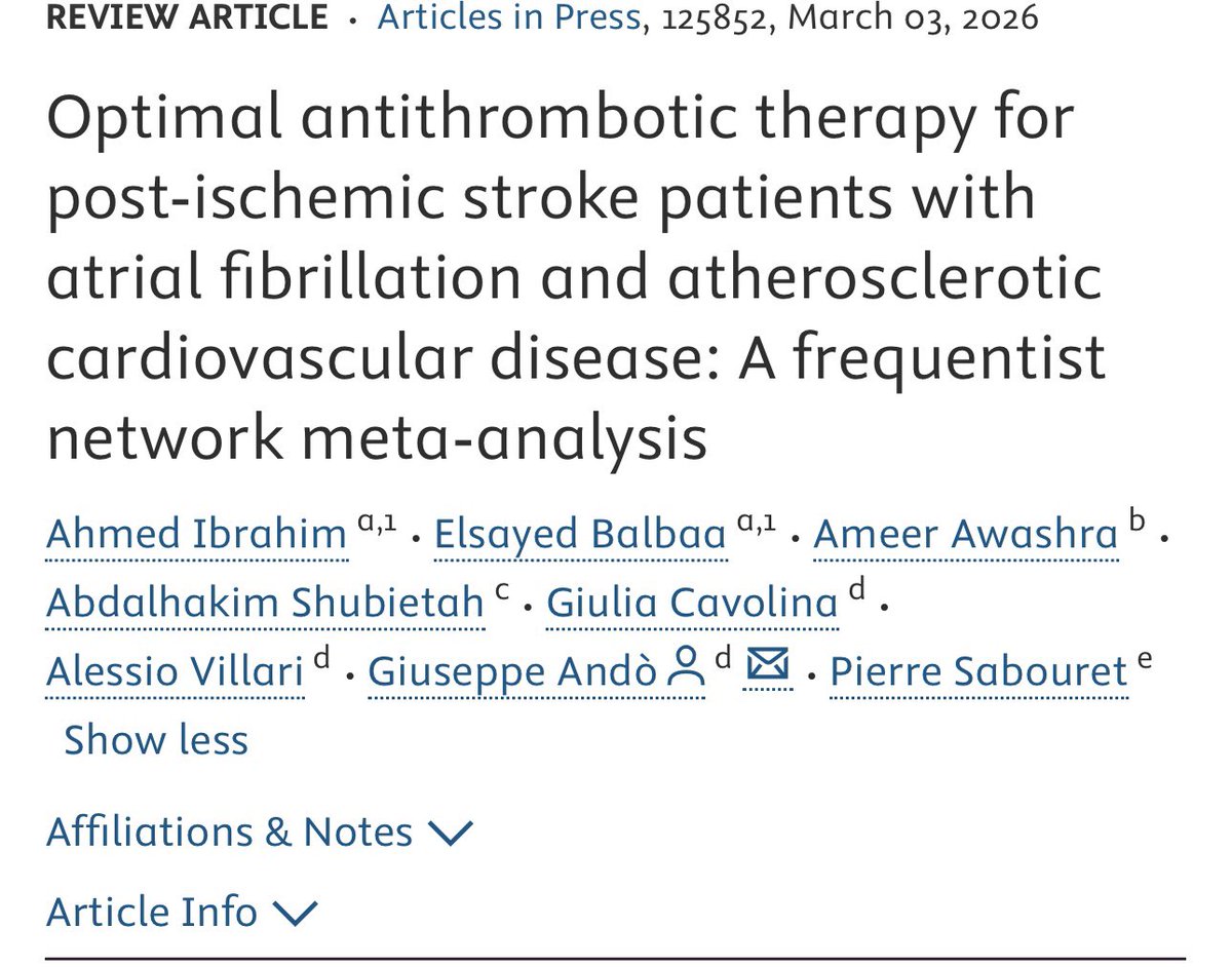 SABOURETCardio's tweet image. Our new #MA on #Antithrombotic strategy in #Stroke patients with #AF AND #Atherosclerosis in available online ☀️ one more original research with @A_Ibrahim_29 and @giuseppe_ando . Thanks to all coauthors for this achievement ☀️