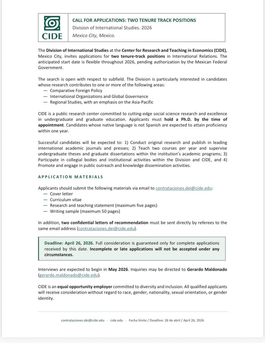CIDE_DEI's tweet photo. Convocatoria dos plazas en Relaciones Internacionales, en especial: #políticaexterior comparada, #gobernanzaglobal y #Asia_Pacífico
We invite applications for two tenure-track positions in IR: comparative #foreignpolicy, #globalgovernance, #IO #Asia
Deadline: April 26, 2026 https://t.co/CwUCLAIFx5