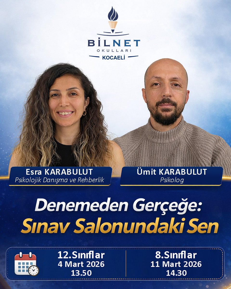 Kocaeli Bilnet Okulları olarak,
Uzman psikolog ve psikolojik danışman, 8. ve 12. sınıf öğrencilerimizle ayrı oturumlarda bir araya gelerek sınav kaygısı, motivasyon, hedef belirleme ve stres yönetimi konularında öğrencilerimize destek sağlayacaktır. #bilnetokulları #bilnetkocaeli