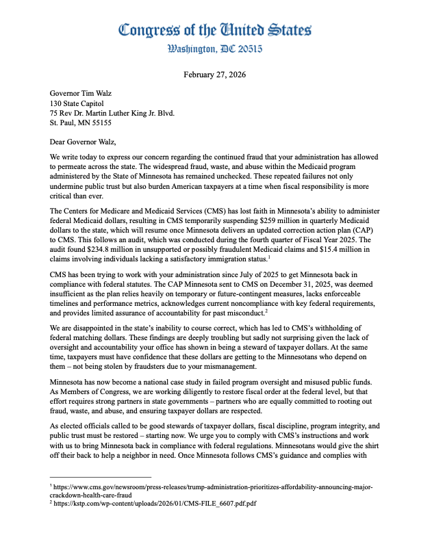 GOPMajorityWhip's tweet photo. Medicaid dollars are in jeopardy because of Tim Walz’ negligence.

Walz and his administration must comply with @DrOzCMS’s demands to restore integrity to Minnesota’s Medicaid program and ensure vulnerable Minnesotans get access to the health care they need. https://t.co/LJaVlTyvH4