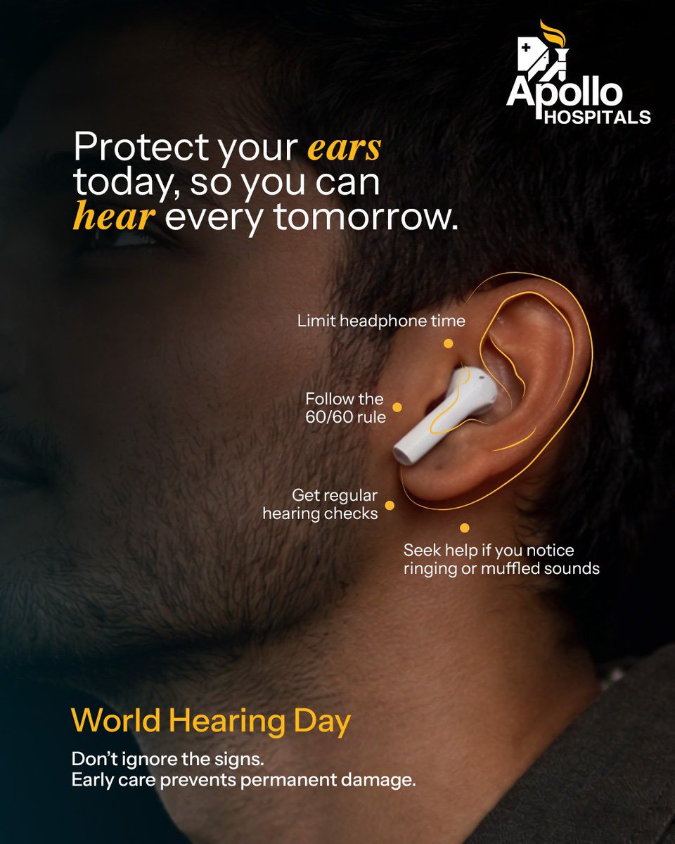 Apollo_Chennai's tweet photo. The laughter.
The music.
The voices that matter.

Don’t let today’s volume steal tomorrow’s sounds.
-Limit headphone time.
-Keep volume under control.
-Get your hearing checked when needed.

For Appointments,
Call 044 4040 1066

#WorldHearingDay #HearForLife #ApolloCares https://t.co/c2KeC1ZuC7