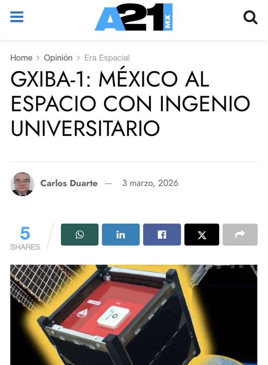 El nanosatélite mexicano #Gxiba1 desarrollado por alumnos y profesores de la <a href="/UPAEP/">UPAEP</a> ya está operando en el espacio 

Esto representa un hito en el desarrollo espacial 

#Entérate porqué es importante, leyendo el más reciente número de #EraEspacial

a21.com.mx/opinion/era-es…